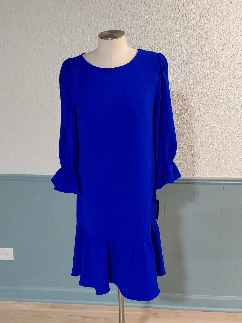 DKNY Cobalt Blue Long-Sleeve Ruffle-Hem Dress